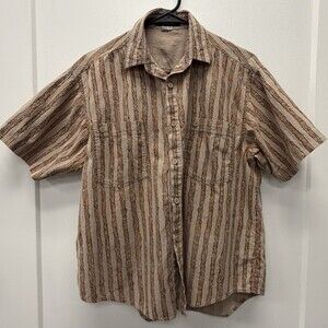 Scratch Men’s Beige Abstract Stripe Button-Down Shirt Med 90s Y2K Dual Pocket